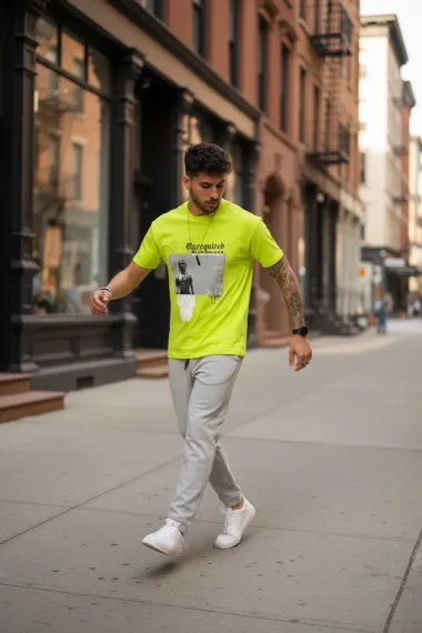 Tricou barbati galben neon, cu imprimeu, slim Y205 22A-5.2